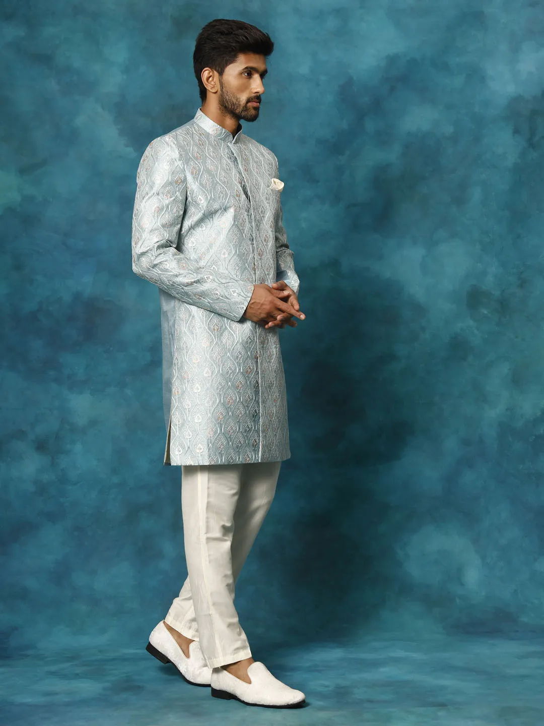 VASTRAMAY Men's Mint Green Pastel Embroidered Sherwani Set