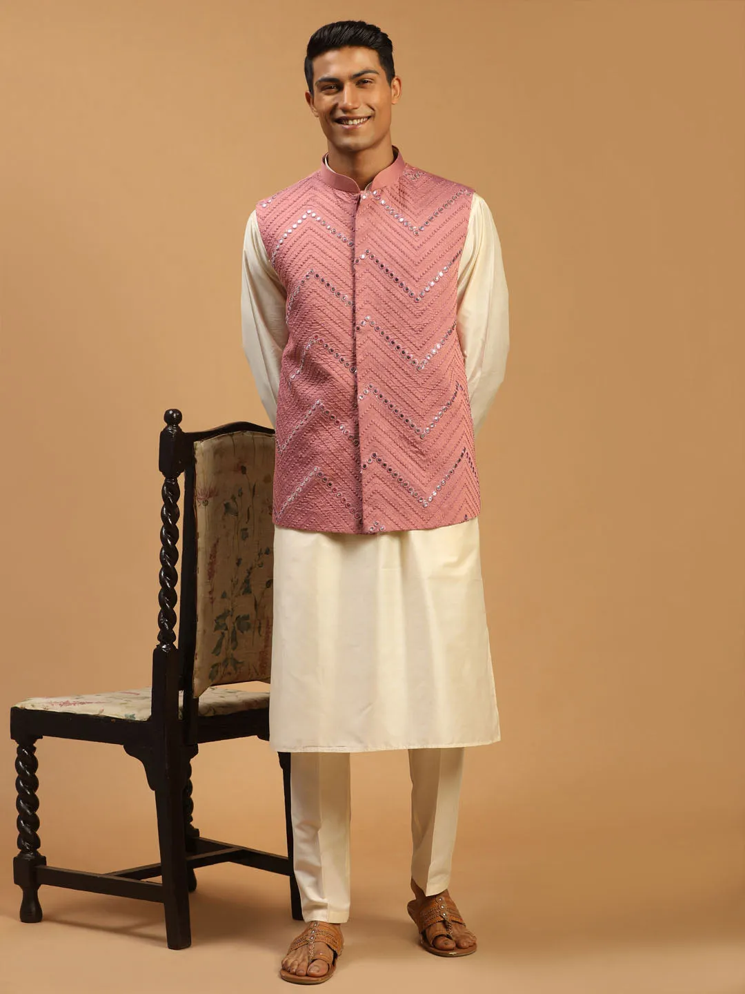 Vastramay Men's Onion Mirror Jacket With Kurta Pant Set