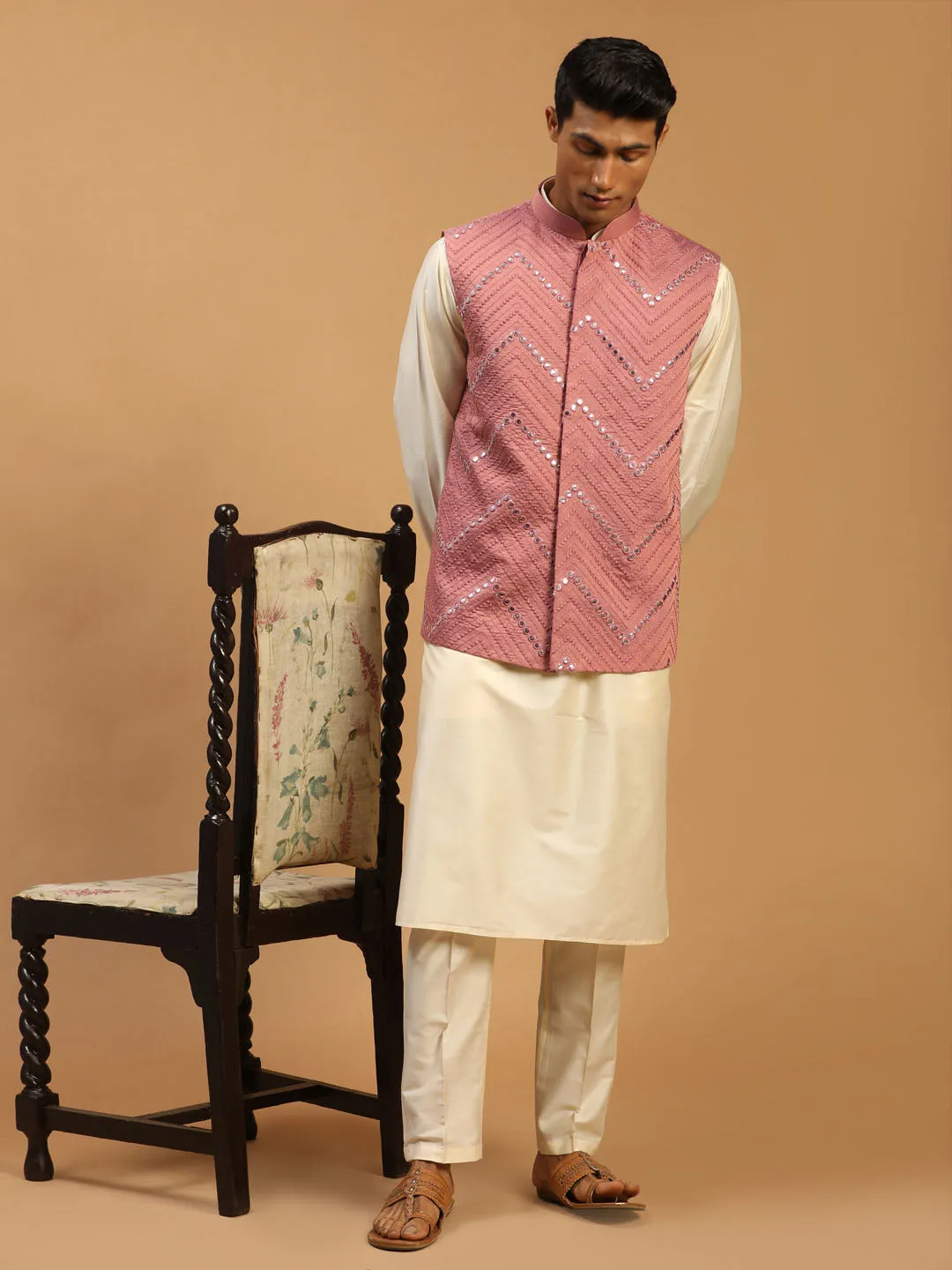 Vastramay Men's Onion Mirror Jacket With Kurta Pant Set