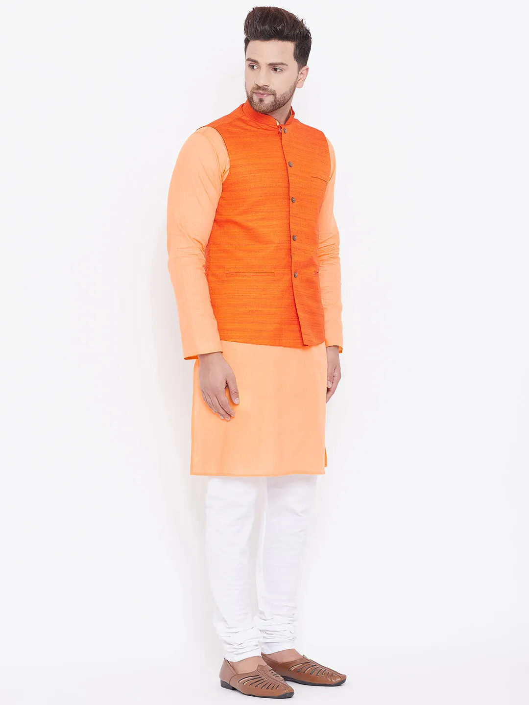 VASTRAMAY Men's Orange, Fawn And White Cotton Blend Jacket, Kurta and Pyjama Set