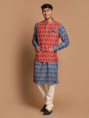 VASTRAMAY Men's Orange Printed Nehru Jacket And Blue kurta With Pyjama Set