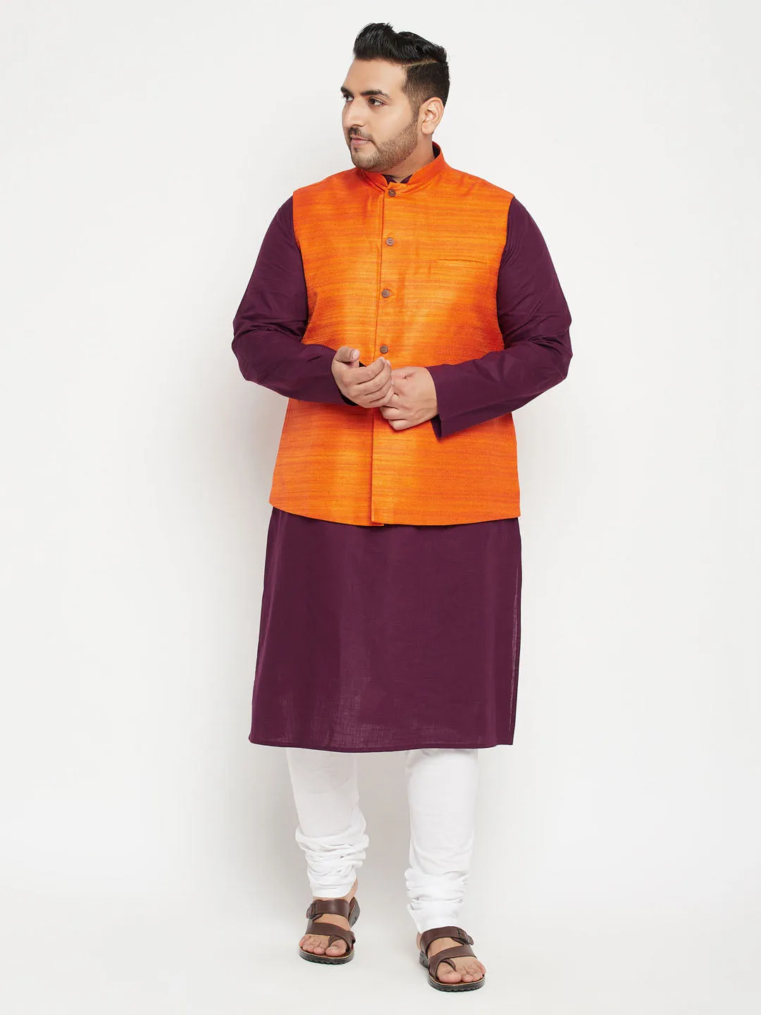 VASTRAMAY Men's Plus Size Purple and Orange Cotton Blend Jacket Kurta Pyjama Set