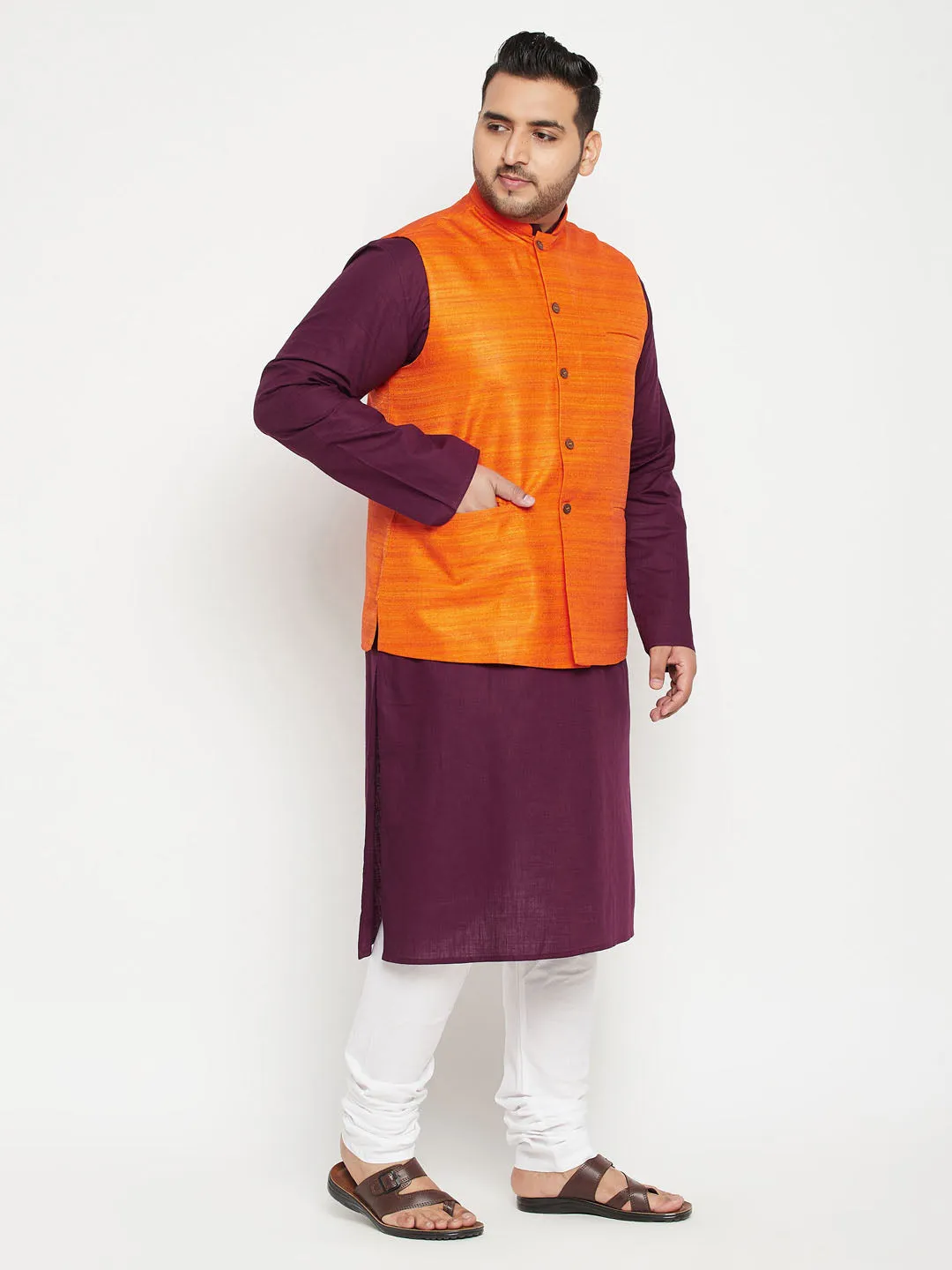 VASTRAMAY Men's Plus Size Purple and Orange Cotton Blend Jacket Kurta Pyjama Set