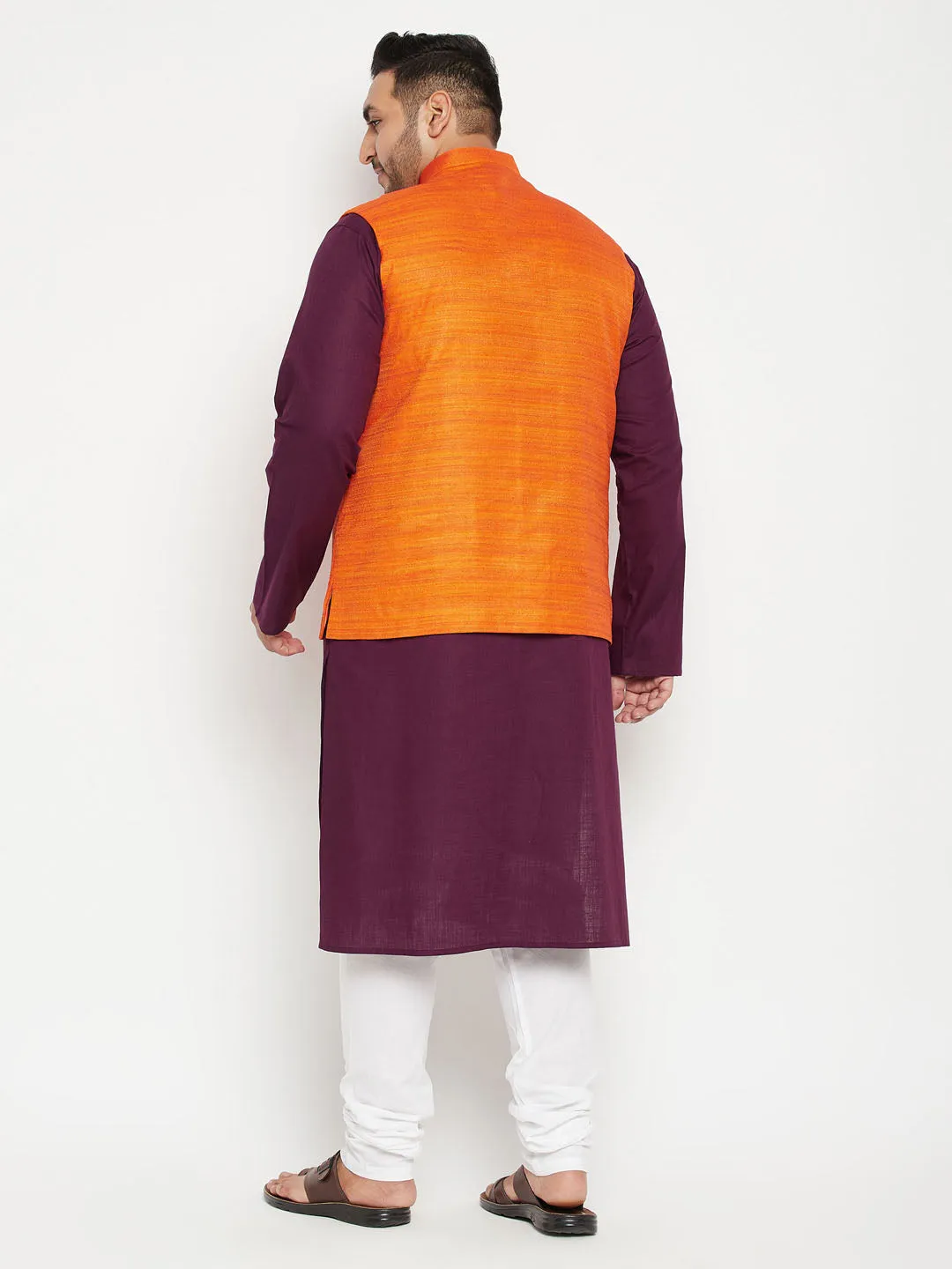 VASTRAMAY Men's Plus Size Purple and Orange Cotton Blend Jacket Kurta Pyjama Set