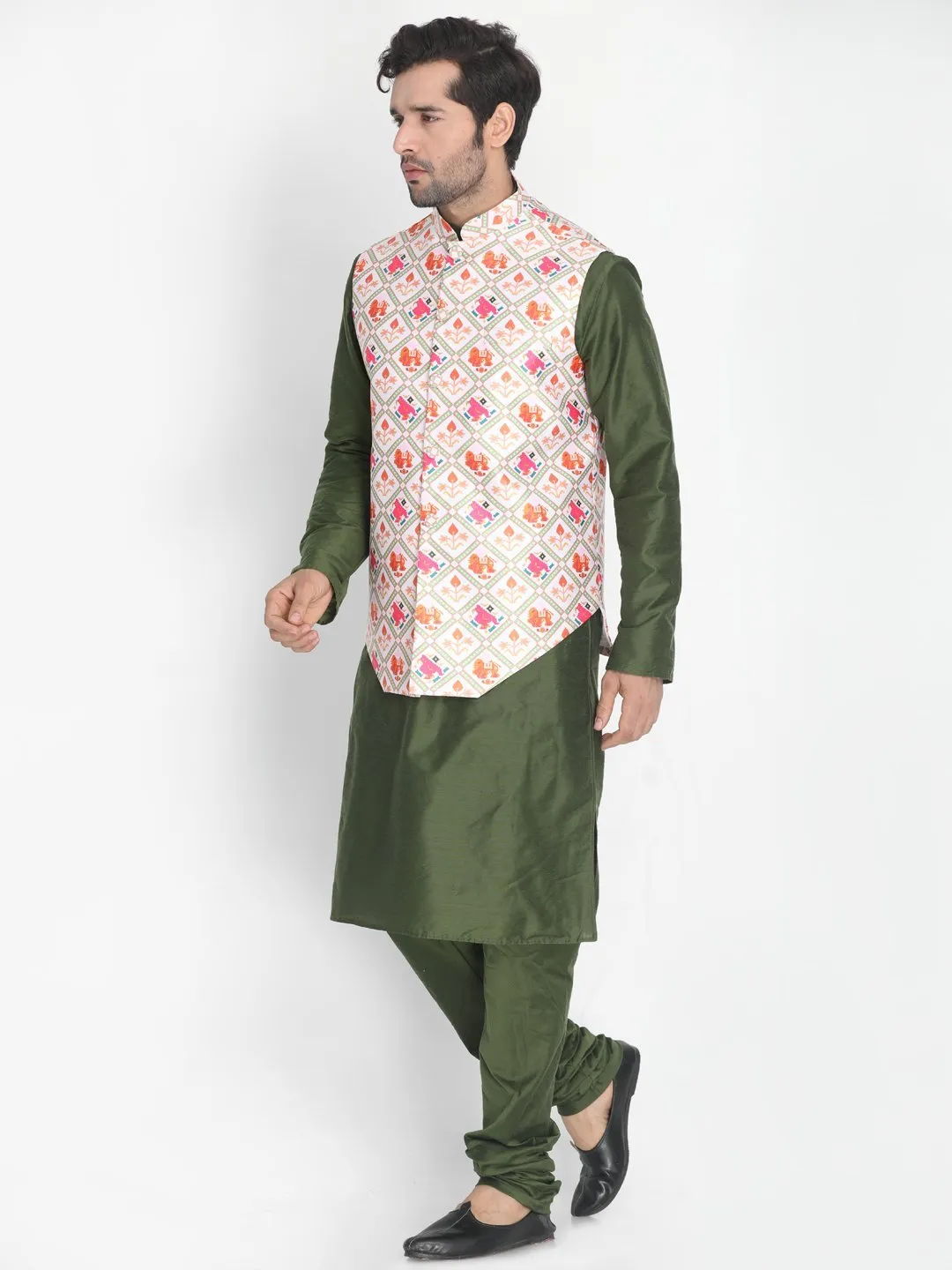 VASTRAMAY Men's Purple Cotton Blend Kurta, Ethnic Jacket and Pyjama Set