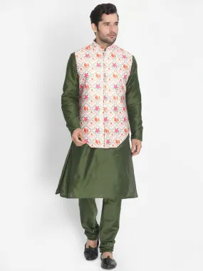 VASTRAMAY Men's Purple Cotton Blend Kurta, Ethnic Jacket and Pyjama Set