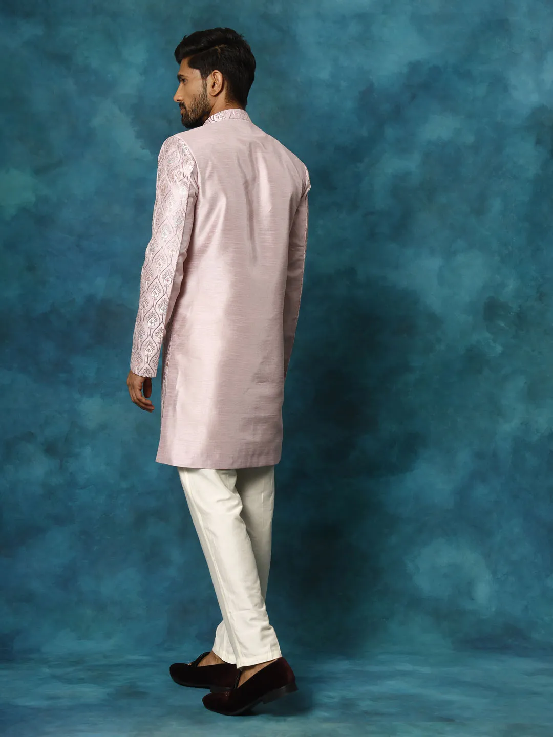 VASTRAMAY Men's Purple Pastel Embroidered Sherwani Set