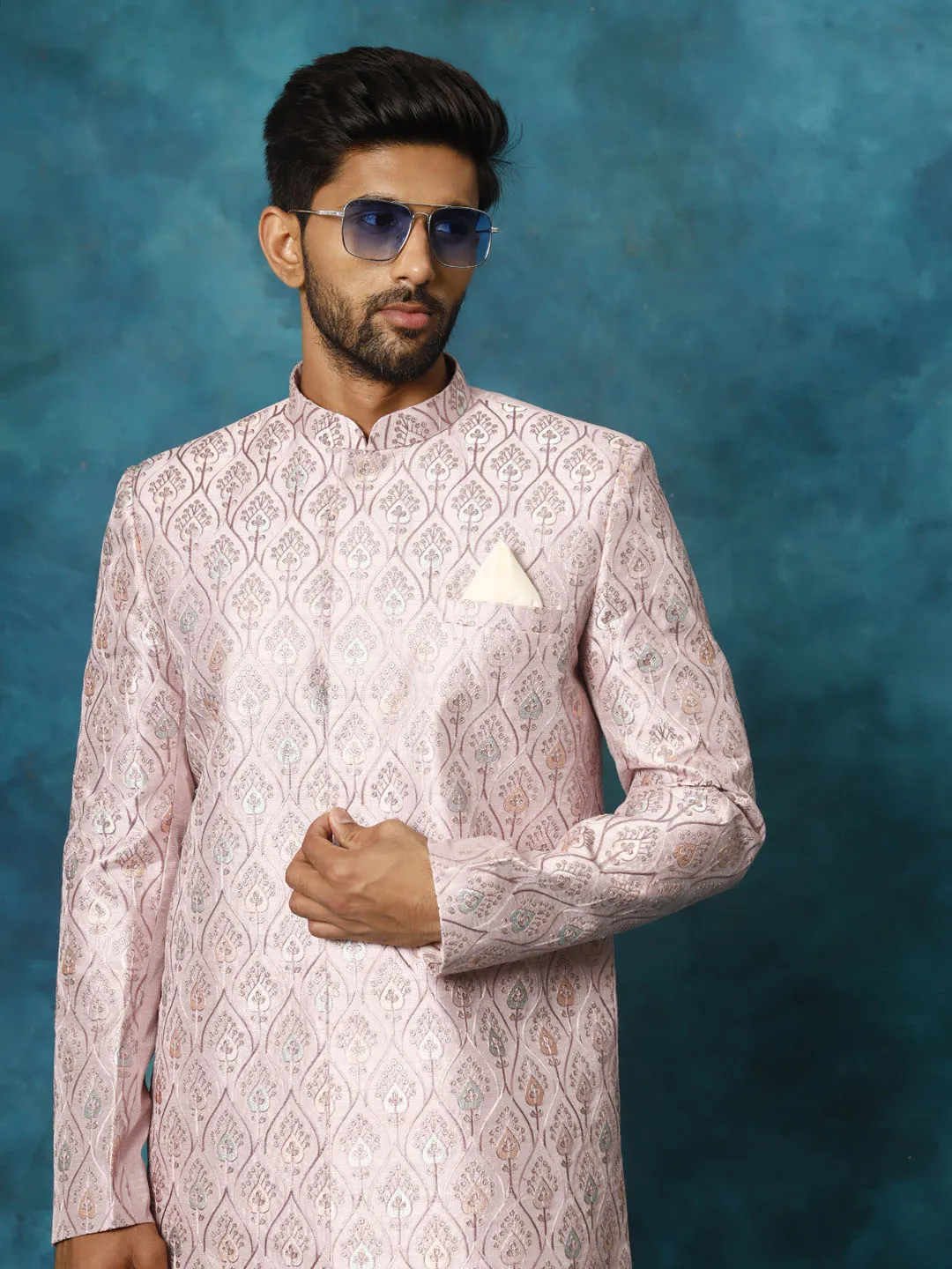 VASTRAMAY Men's Purple Pastel Embroidered Sherwani Set