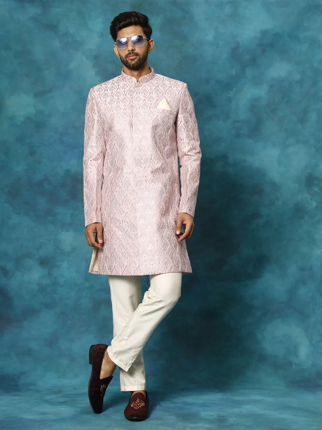 VASTRAMAY Men's Purple Pastel Embroidered Sherwani Set