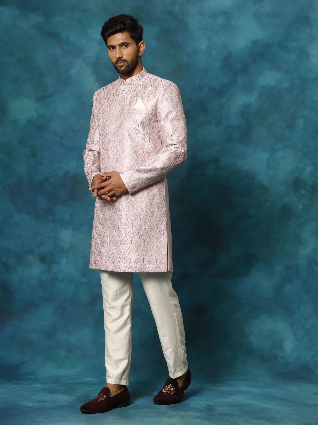 VASTRAMAY Men's Purple Pastel Embroidered Sherwani Set