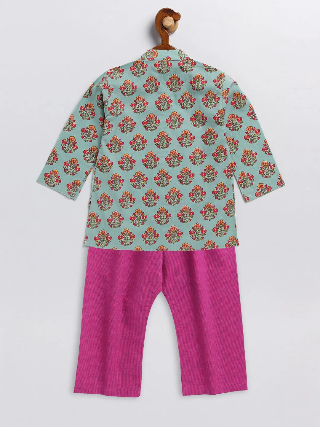 VASTRAMAY SISHU Boy's Green and Magenta Floral Printed Cotton Kurta Pyjama Set