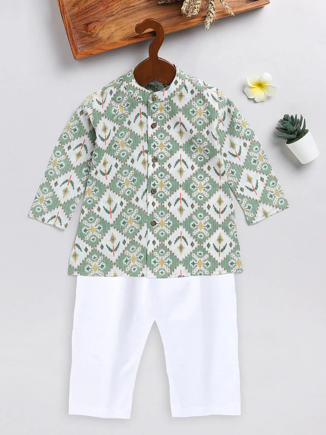 VASTRAMAY SISHU Boy's Green and White Printed Cotton Kurta Pyjama Set