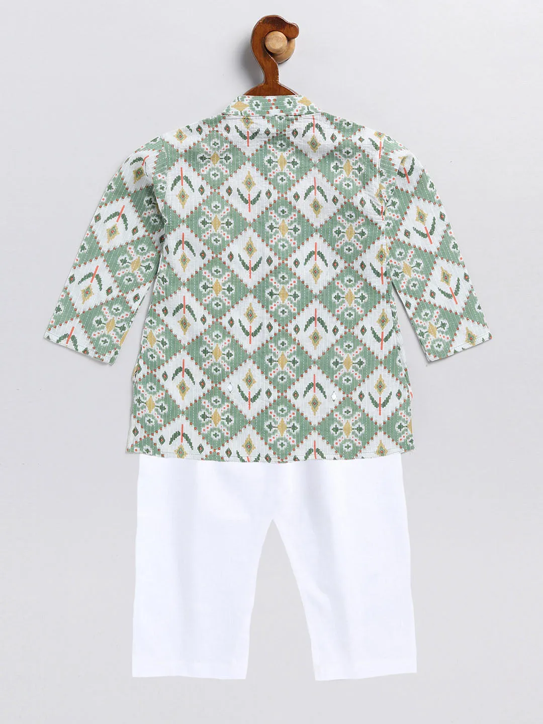 VASTRAMAY SISHU Boy's Green and White Printed Cotton Kurta Pyjama Set