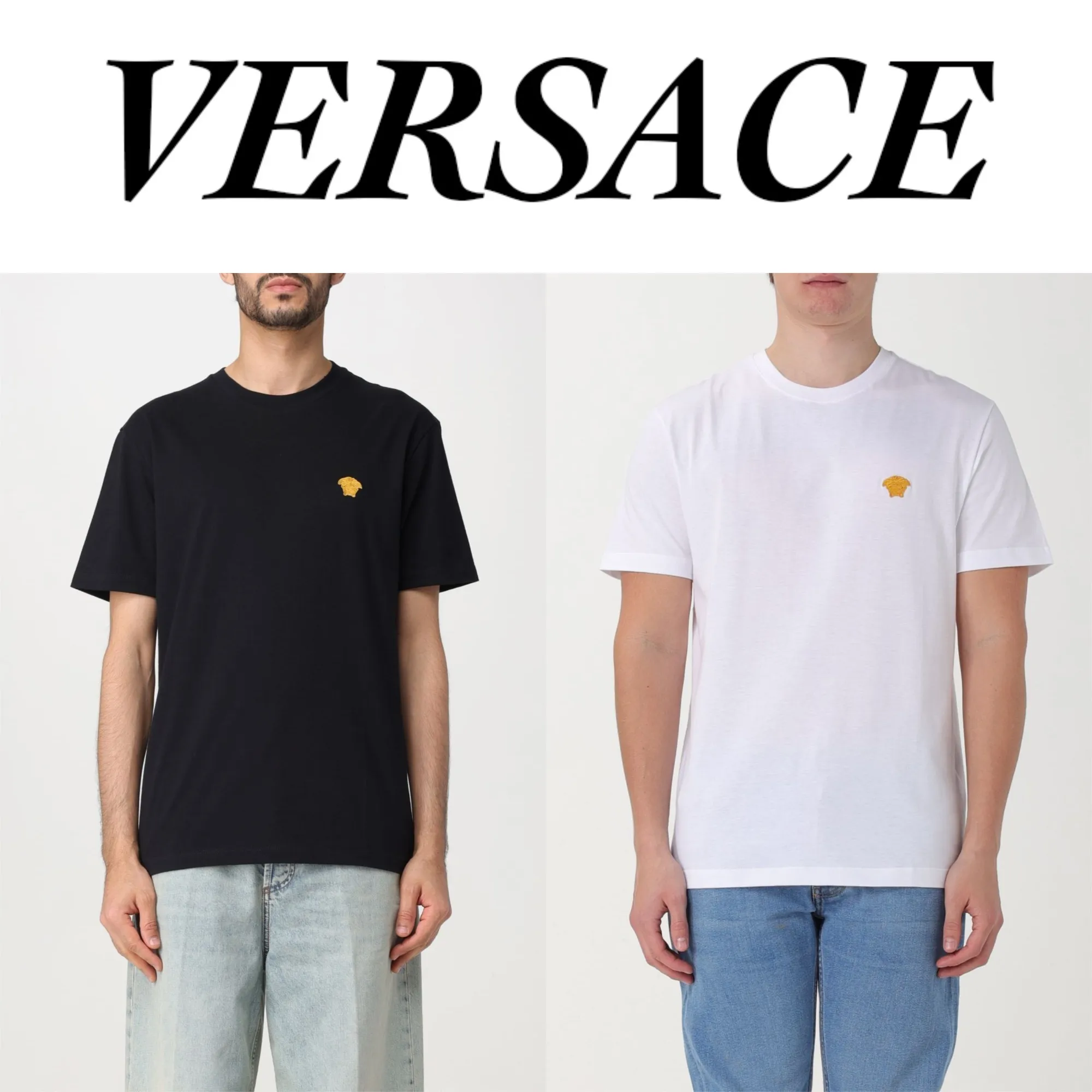 VERSACE  |Crew Neck Plain Cotton Short Sleeves Logo Luxury