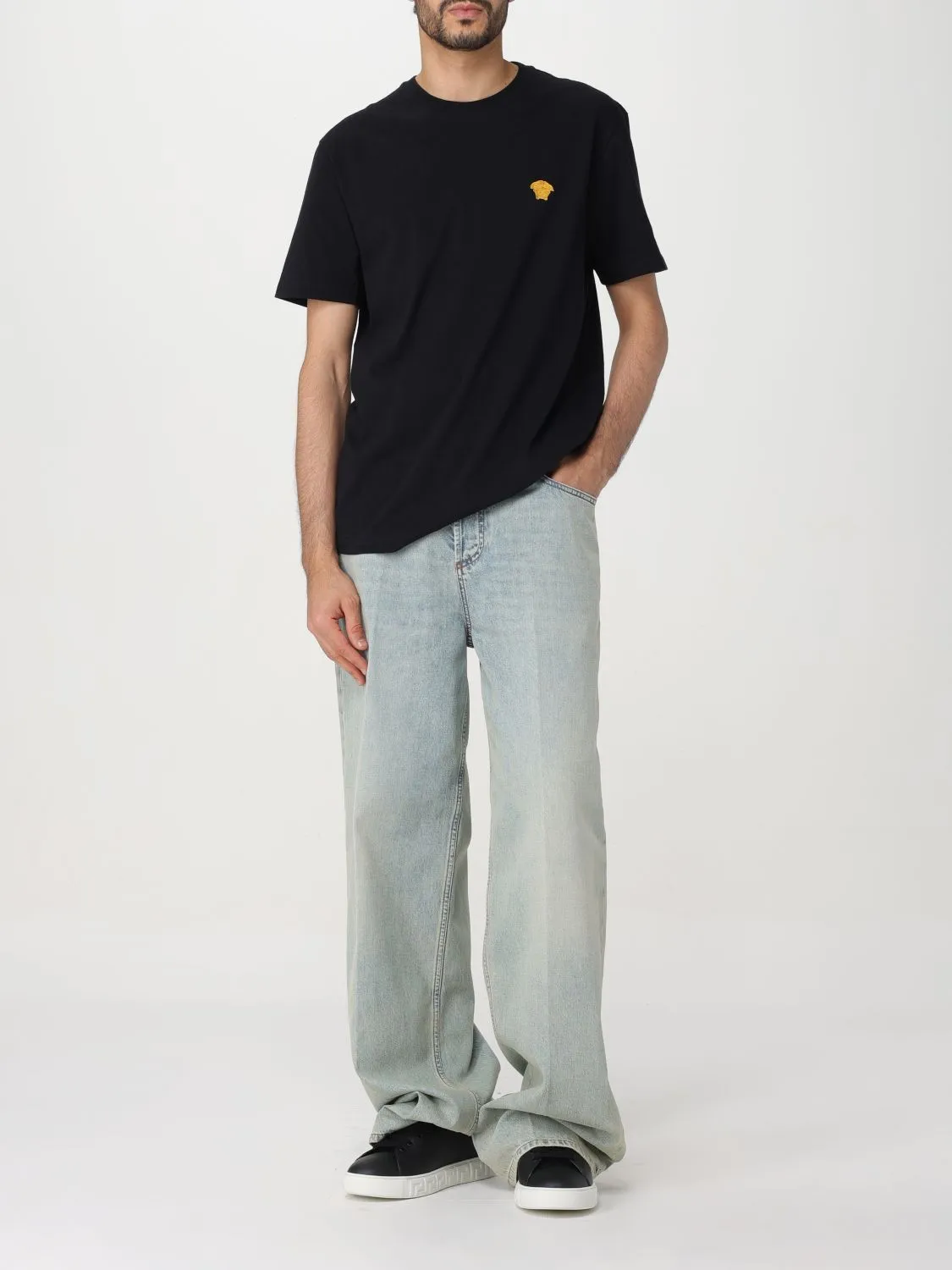 VERSACE  |Crew Neck Plain Cotton Short Sleeves Logo Luxury