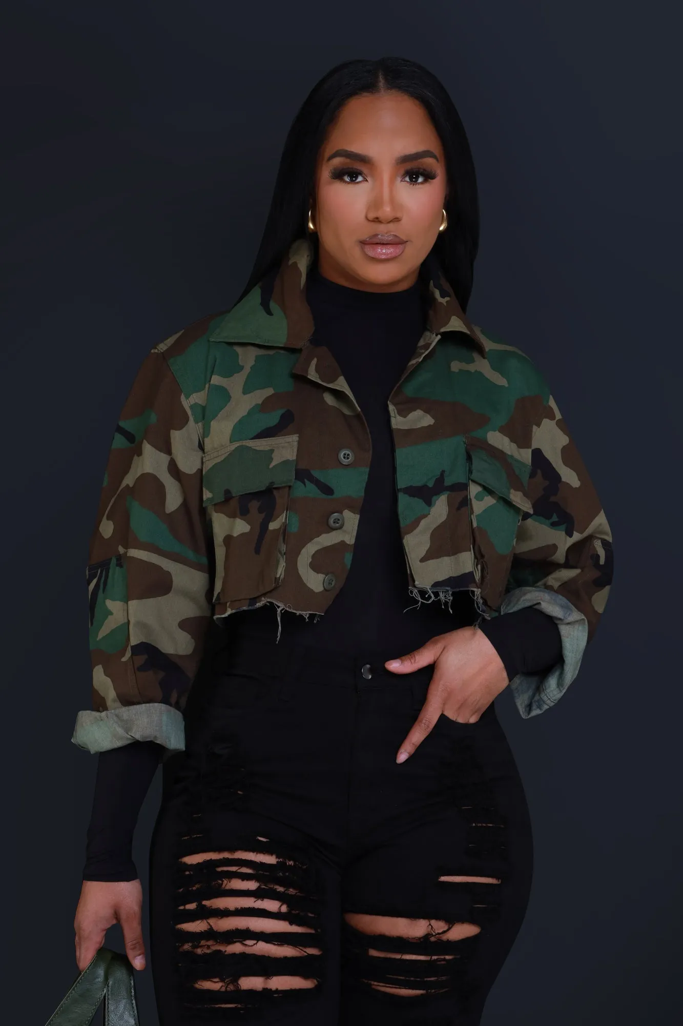 Vintage Camouflage Cropped Jacket - Olive