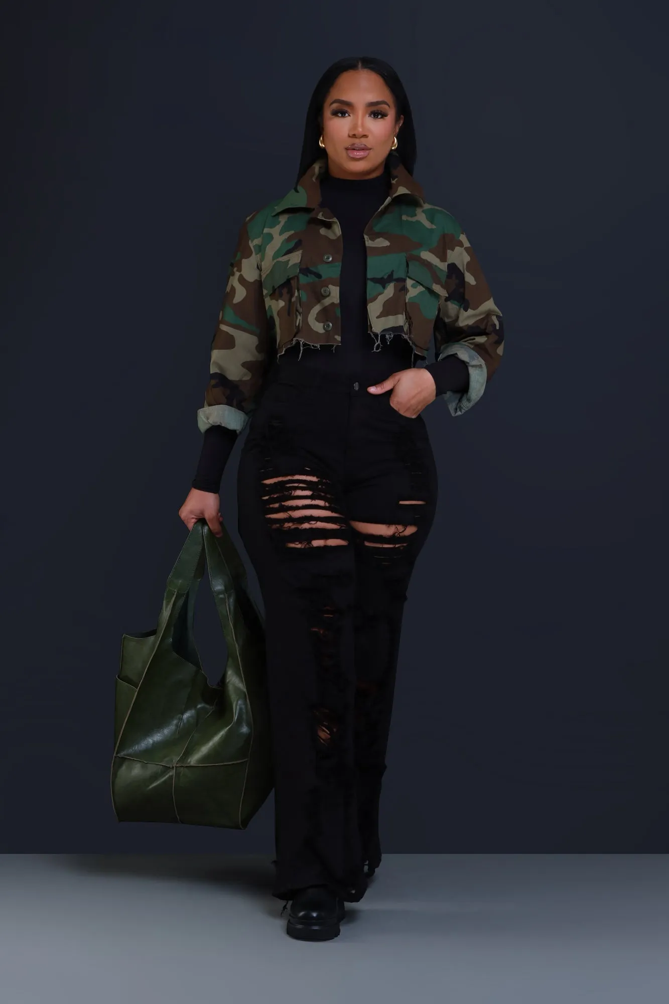 Vintage Camouflage Cropped Jacket - Olive