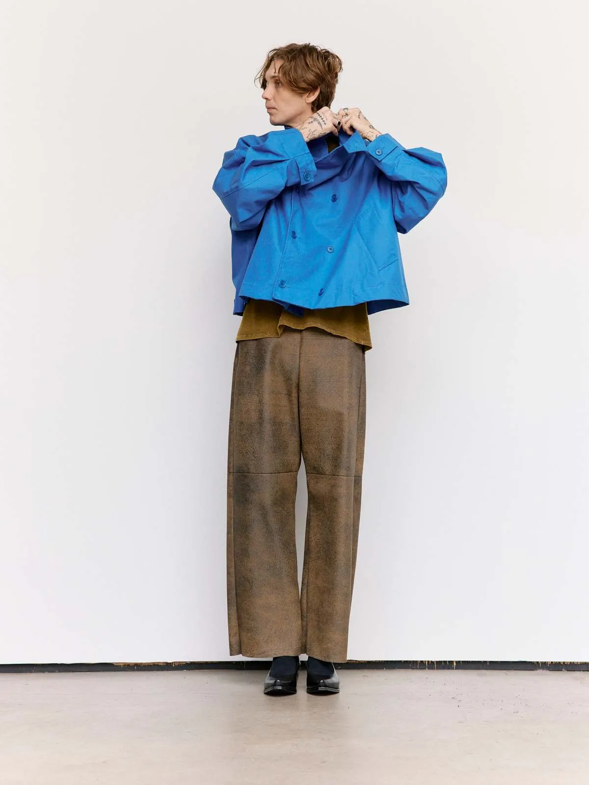 Waxed Cropped Oversized Coat - Blue