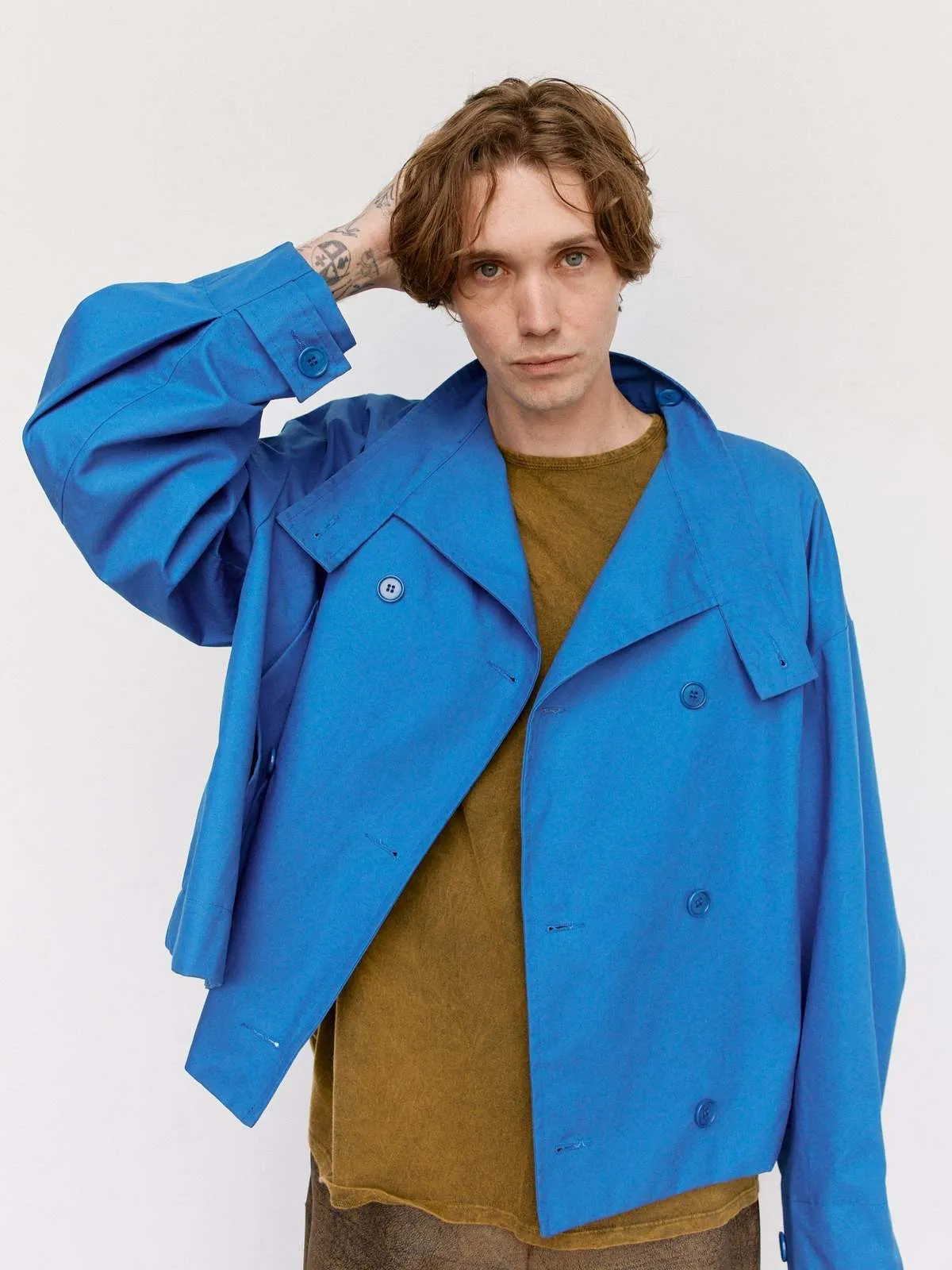 Waxed Cropped Oversized Coat - Blue