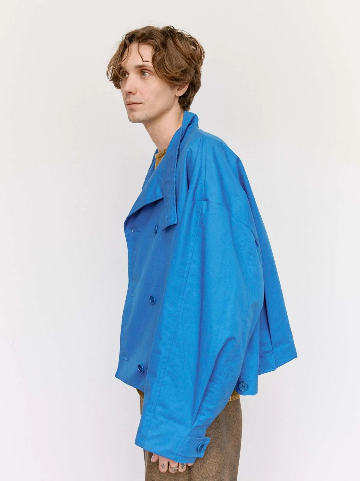 Waxed Cropped Oversized Coat - Blue