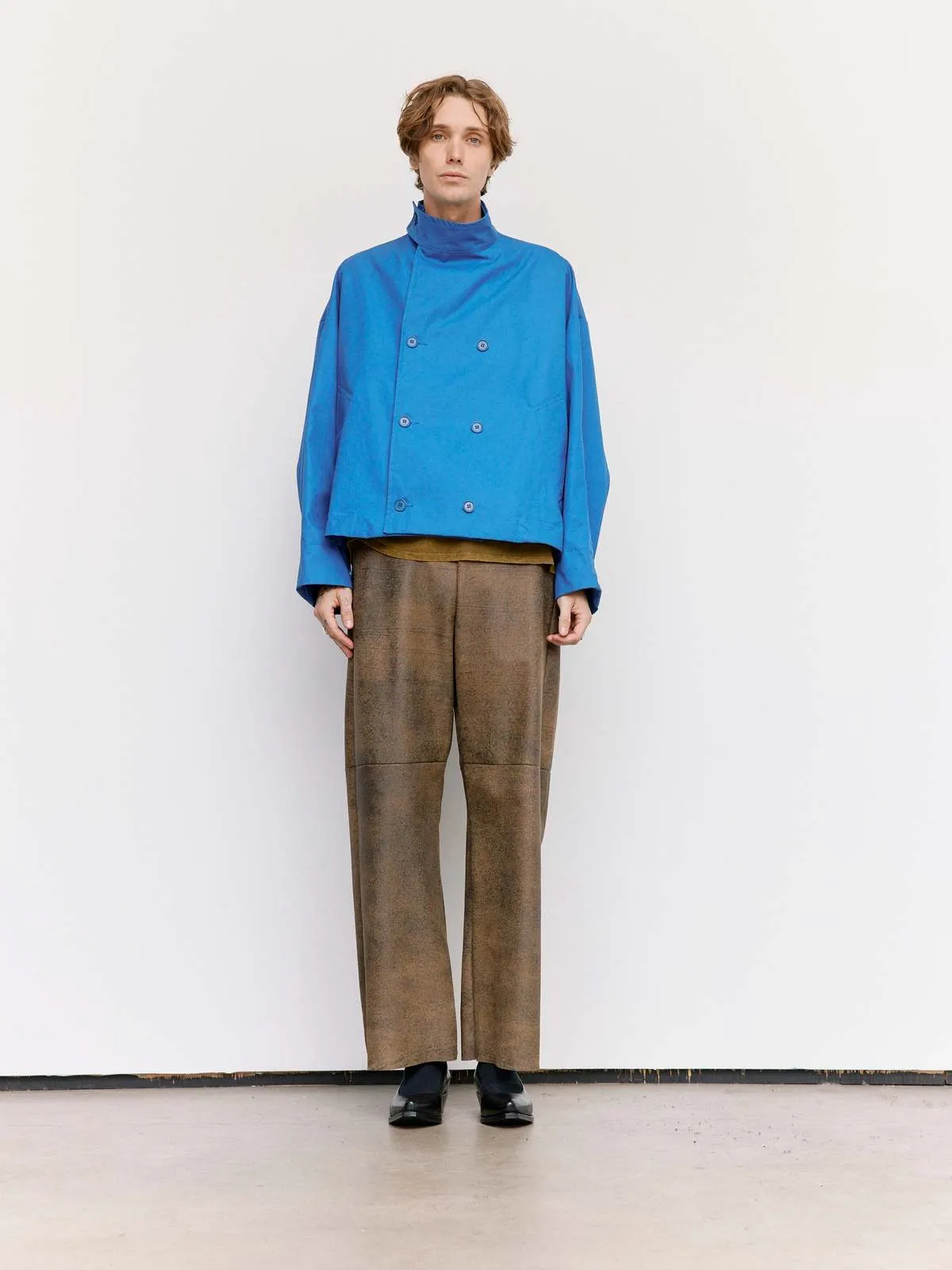 Waxed Cropped Oversized Coat - Blue