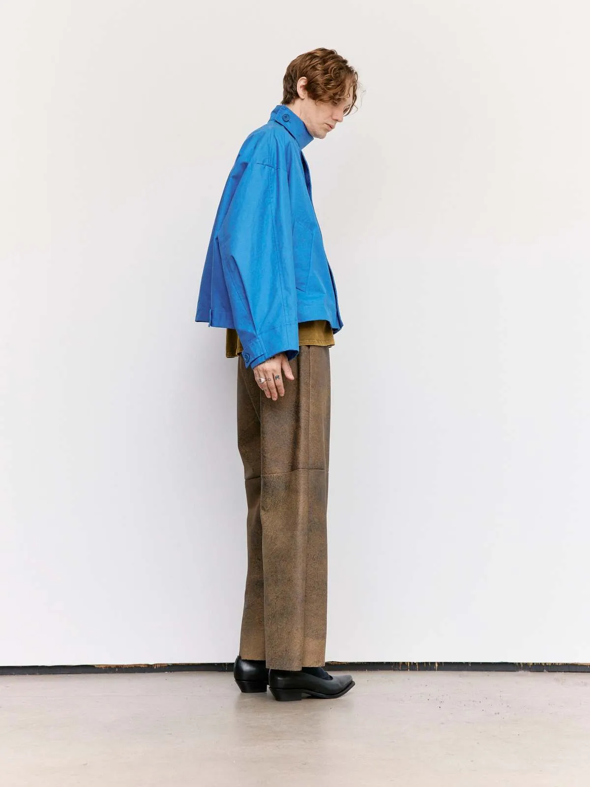 Waxed Cropped Oversized Coat - Blue