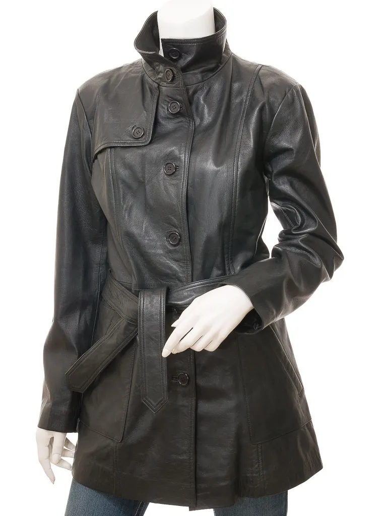 WOMENS LEATHER TRENCH COAT IN BLACK: CAMPBELL