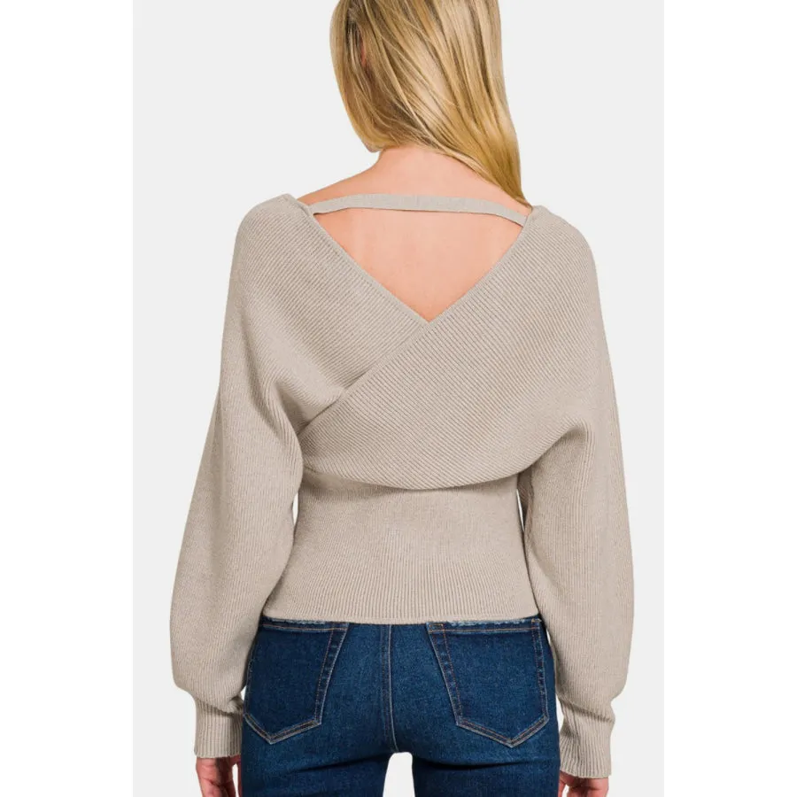 Zenana Cross Wrap Rib Long Sleeve Sweater