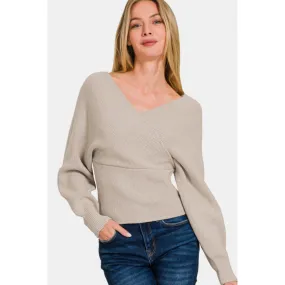 Zenana Cross Wrap Rib Long Sleeve Sweater