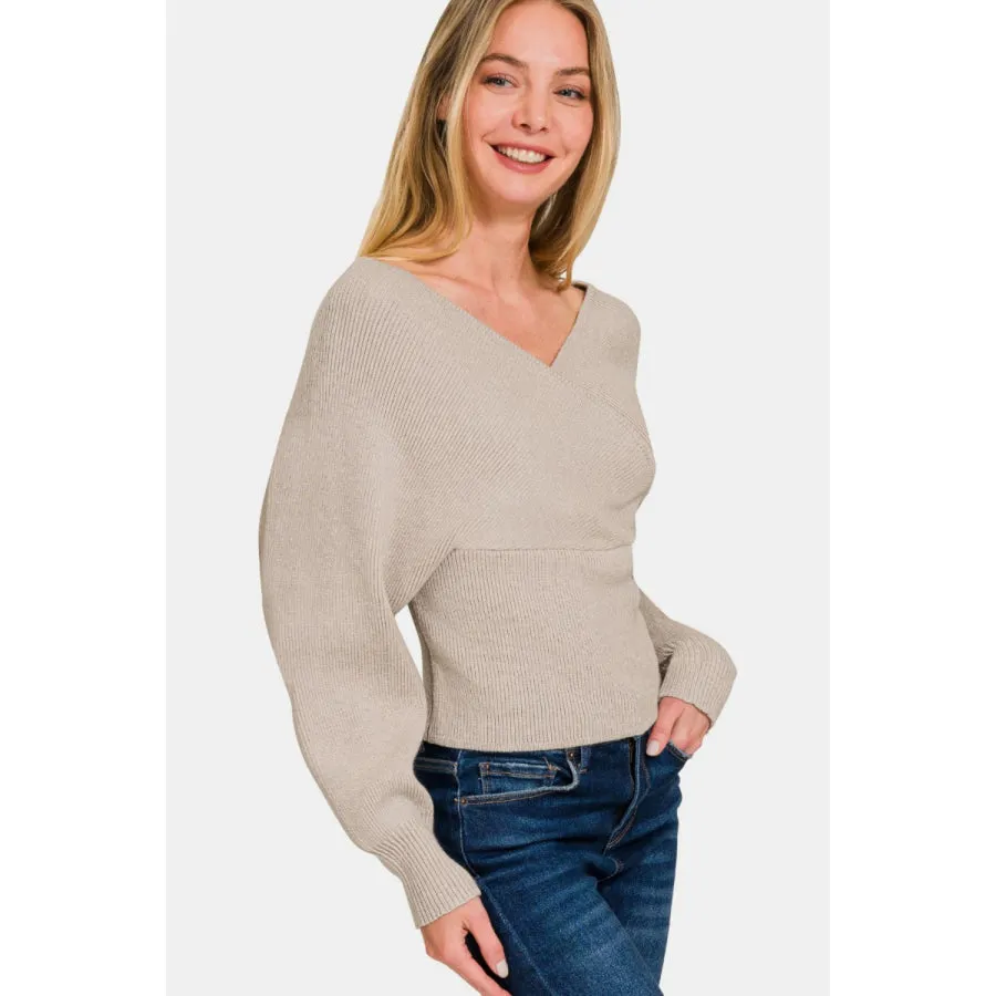 Zenana Cross Wrap Rib Long Sleeve Sweater